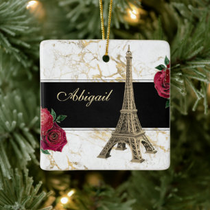 Eiffel Tower Gold, White Marble Rose Christmas Ceramic Ornament