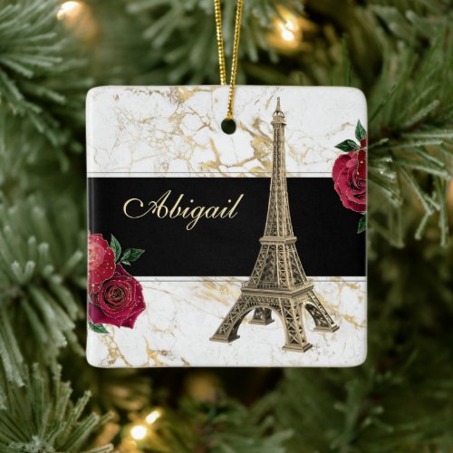 Eiffel Tower Gold White Marble Rose Christmas Ceramic Ornament