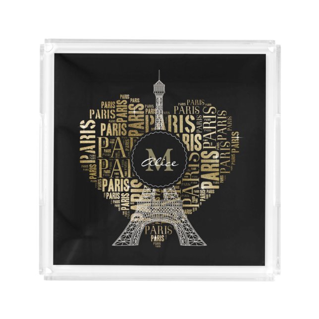 Eiffel Tower | Golden Inscriptions Paris in Heart Acrylic Tray (Front)