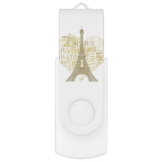 Eiffel Tower | Golden Inscriptions Paris in Heart Flash Drive