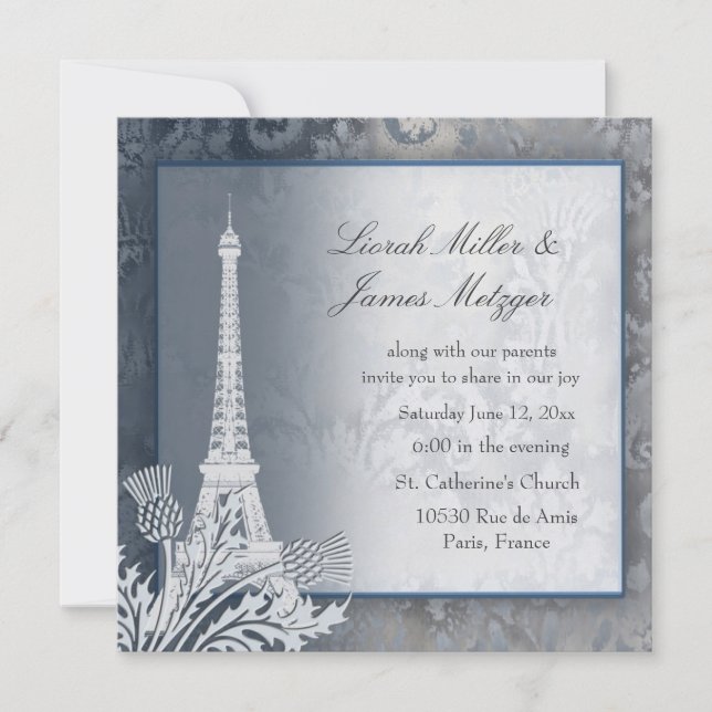Eiffel Tower golden metallic invitation (Front)