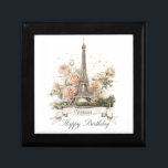 Eiffel Tower "Happy Birthday" with Custom Name Gift Box<br><div class="desc">An elegant and romantic greeting card design featuring a beautiful watercolor-style illustration of the Eiffel Tower. The iconic Parisian landmark is surrounded by soft,  pastel pink and cream roses and accented with delicate golden speckles. Customize with your own text the ribbon banner at the bottom display.</div>