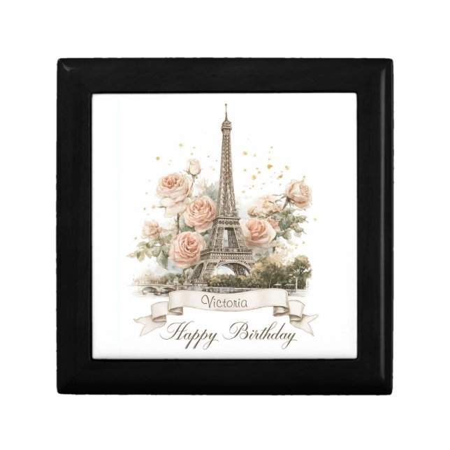 Eiffel Tower "Happy Birthday" with Custom Name Gift Box (Front)