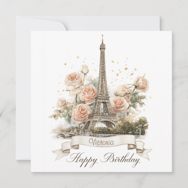 Eiffel Tower "Happy Birthday" with Custom Name Holiday Card (Front)