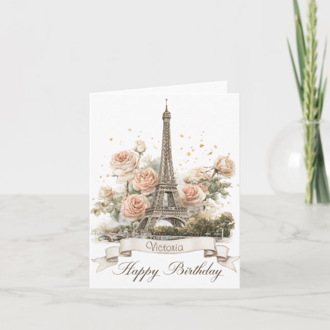 Eiffel Tower "Happy Birthday" with Custom Name Holiday Card (Front)