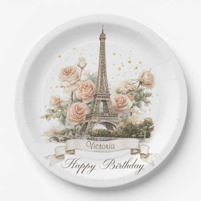 Eiffel Tower "Happy Birthday" with Custom Name Paper Plates (Front)