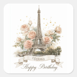 Eiffel Tower "Happy Birthday" with Custom Name Square Sticker