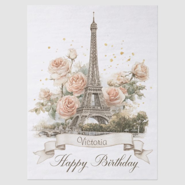 Eiffel Tower "Happy Birthday" with Custom Name Tissue Paper (Front)