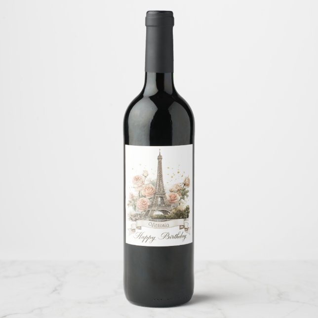 Eiffel Tower "Happy Birthday" with Custom Name Wine Label (Front)