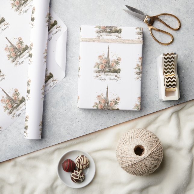 Eiffel Tower "Happy Birthday" with Custom Name Wrapping Paper (Crafts)