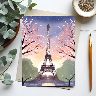 Eiffel Tower in Bloom Paris France Watercolor Postcard
