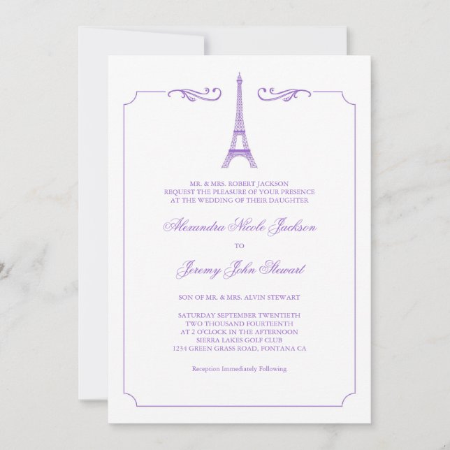 Eiffel Tower in Lavender Elegant Wedding Invitatio Invitation (Front)