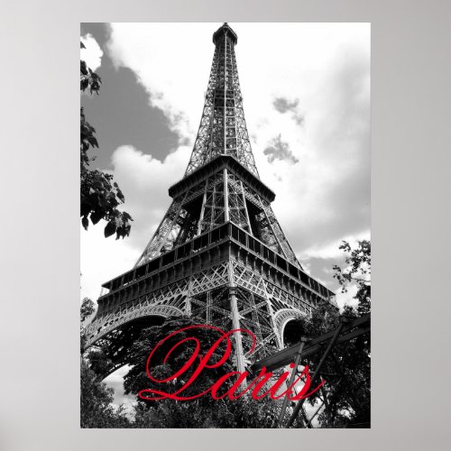 Eiffel Tower in Love City Paris Black  White Red Poster