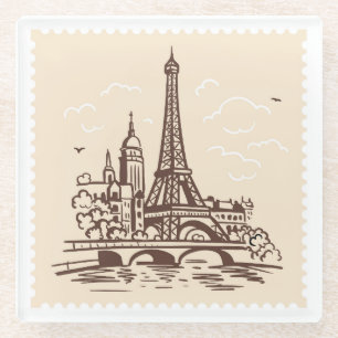 Eiffel Tower in Paris on a Postage Stamp Landmark Glass Coaster