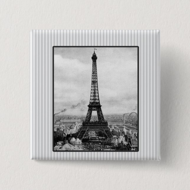 Eiffel Tower In Paris Striped Vintage Pinback Button (Front)