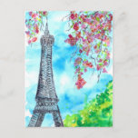 Eiffel Tower in Spring Watercolor Postcard