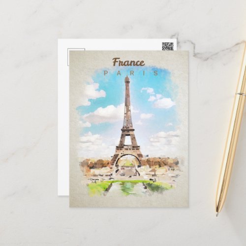 Eiffel Tower in watercolor postcard