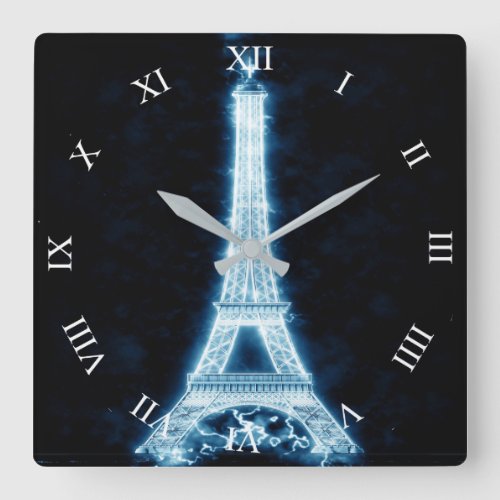 Eiffel Tower in White Neon Glow Square Wall Clock