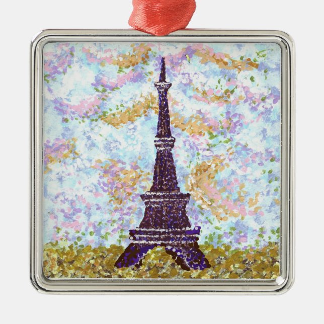 Eiffel Tower inspired pointillism ornament square (Front)