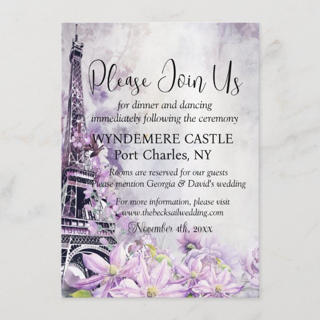 Eiffel Tower Lavender Romance QR Code Wedding Enclosure Card (Front)