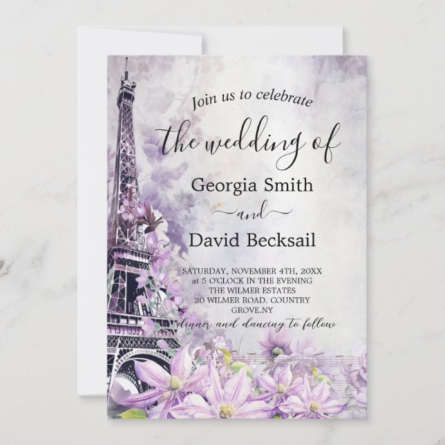 Eiffel Tower Lavender Romance QR Code Wedding Invitation (Front)