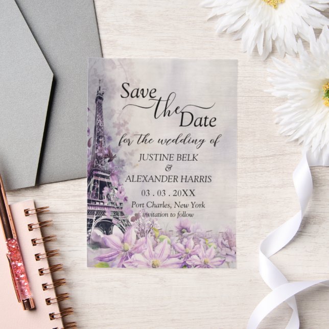 Eiffel Tower Lavender Romance Save the Date Vellum Invitations (Wedding)