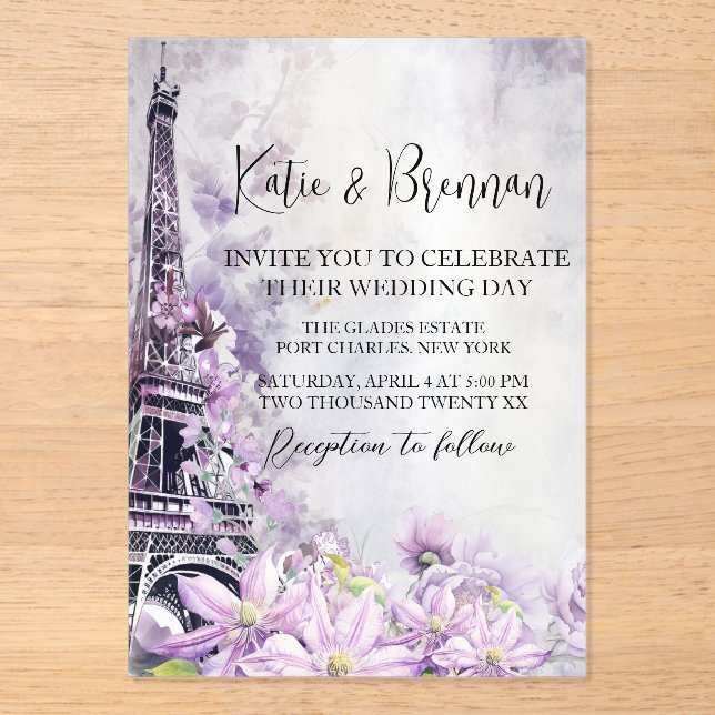 Eiffel Tower Lavender Romance Wedding Acrylic Invitations (Front)
