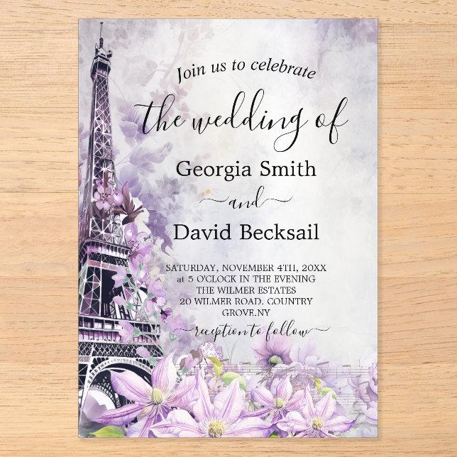 Eiffel Tower Lavender Romance Wedding Acrylic Invitations (Front)