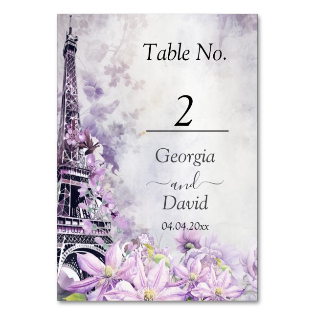 Eiffel Tower Lavender Romance Wedding Table Number (Front)