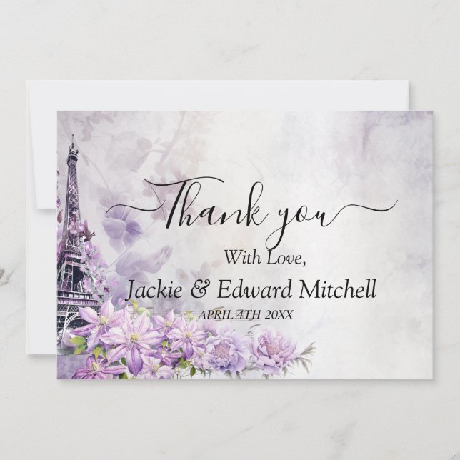 Eiffel Tower Lavender Romance Wedding Thank You Card (Front)