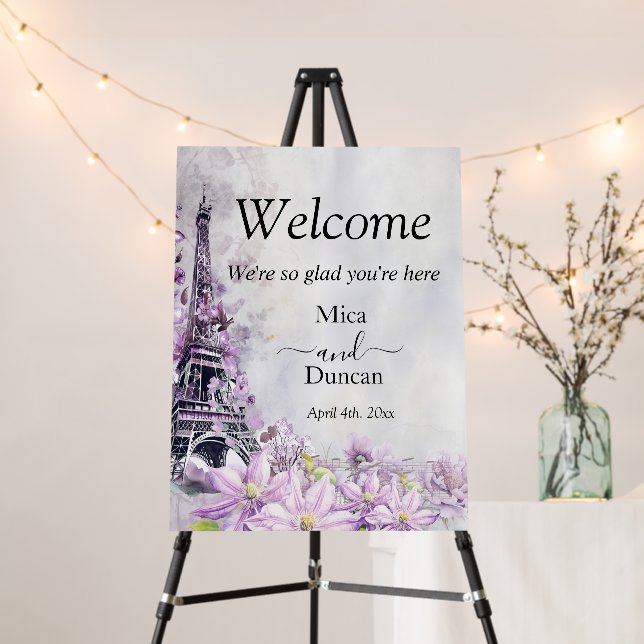 Eiffel Tower Lavender Romance Wedding Welcome Foam Board (In Situ (Stand))