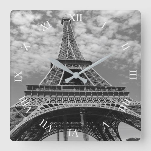 Eiffel Tower Looking Up BW Square Wall Clock