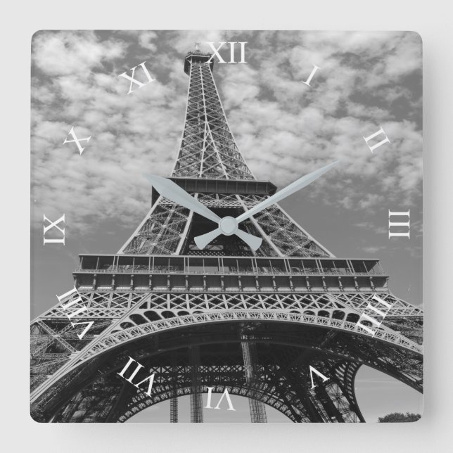 Eiffel Tower Looking Up B&W Square Wall Clock (Front)