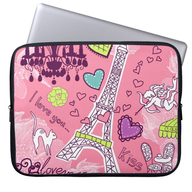 Eiffel Tower Love Paris France Pink Laptop Sleeve (Front)