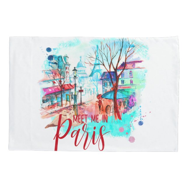 Eiffel Tower Meet Me in Paris Watercolor Splatter Pillowcase (Back)