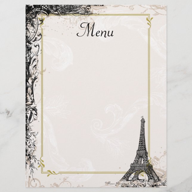 Eiffel Tower Menu Vintage French Style (Front)