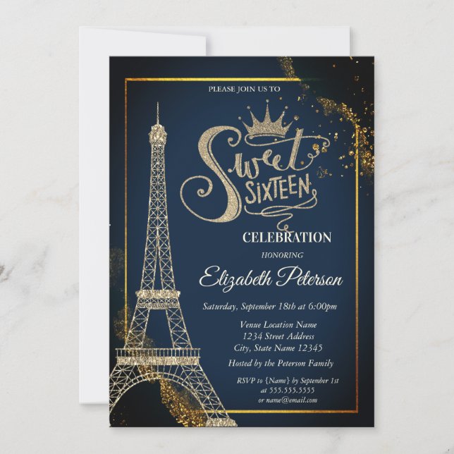 Eiffel Tower Navy Gold Blue Sweet 16 Invitation (Front)
