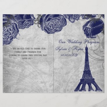 Eiffel tower navy silver folded Wedding program