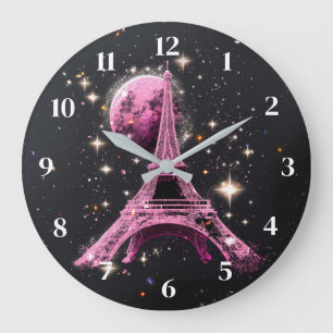 Eiffel Tower Night Moon Large Clock