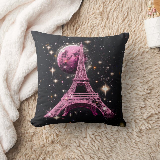 Eiffel Tower Night Moon           Throw Pillow (Blanket)