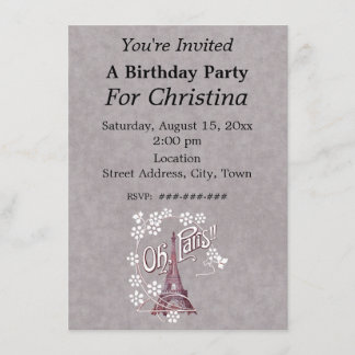 Eiffel Tower Oh Paris France Birthday White Flower Invitation