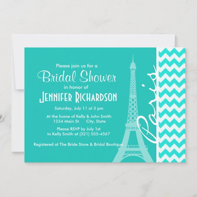 Eiffel Tower on Aqua Color Chevron Invitation (Front)