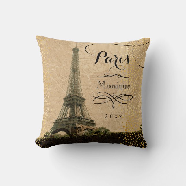 Eiffel Tower Paris Beige Faux Gold Monogram Name Throw Pillow (Front)