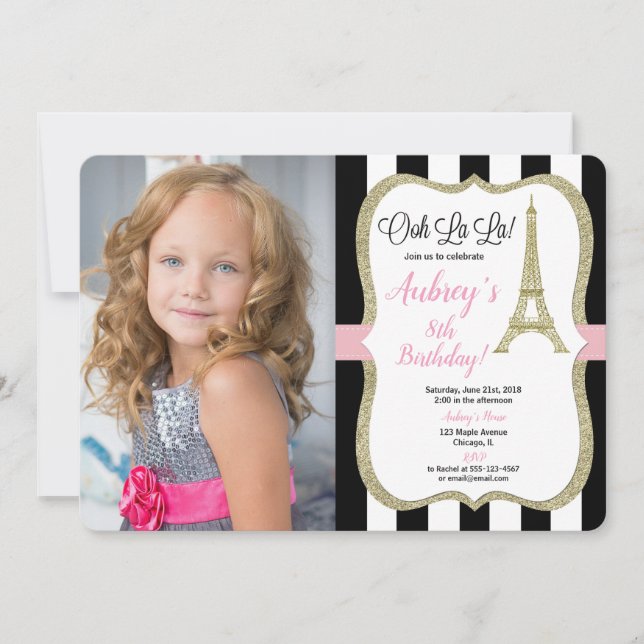 Eiffel tower paris birthday photo pink gold black invitation (Front)