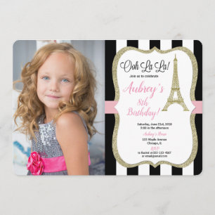 Eiffel tower paris birthday photo pink gold black invitation