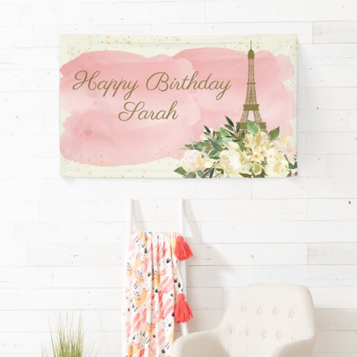 Eiffel Tower Paris Birthday Pink Gold Glitter Banner | Zazzle