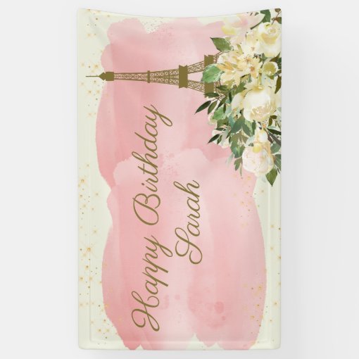 Eiffel Tower Paris Birthday Pink Gold Glitter Banner | Zazzle