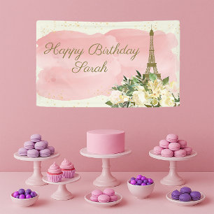 Eiffel Tower Paris Birthday Pink Gold Glitter Banner
