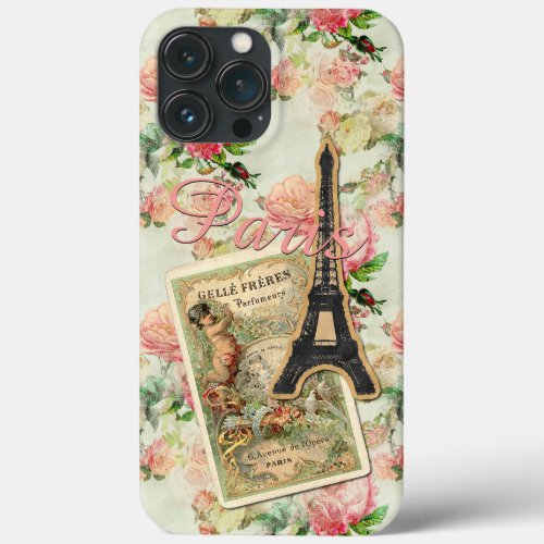 Eiffel Tower Paris Blush Peach Pink Floral Pattern iPhone 13 Pro Max Case