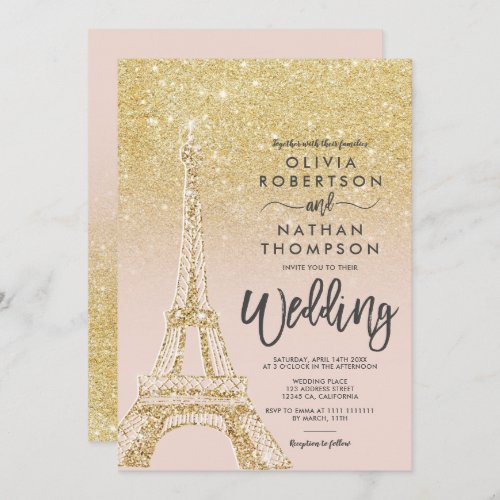 Eiffel tower Paris chic gold glitter pink wedding Invitation